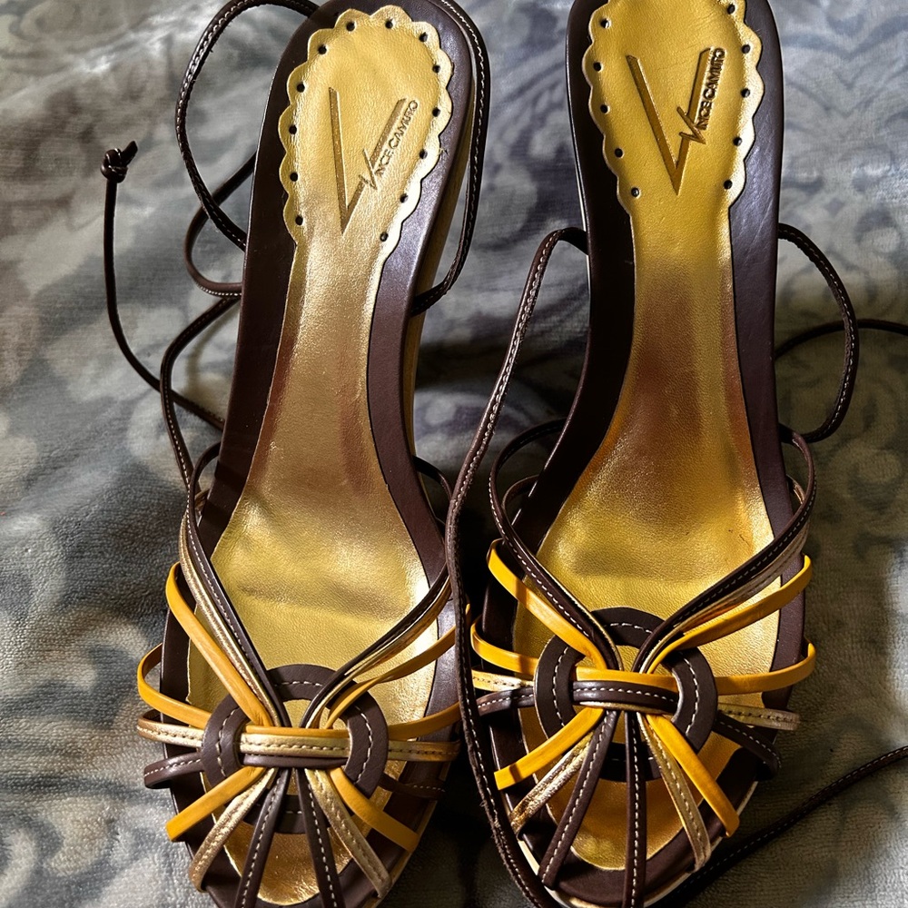 Two by Vince Camuto Brown and Yellow Strappy Heels